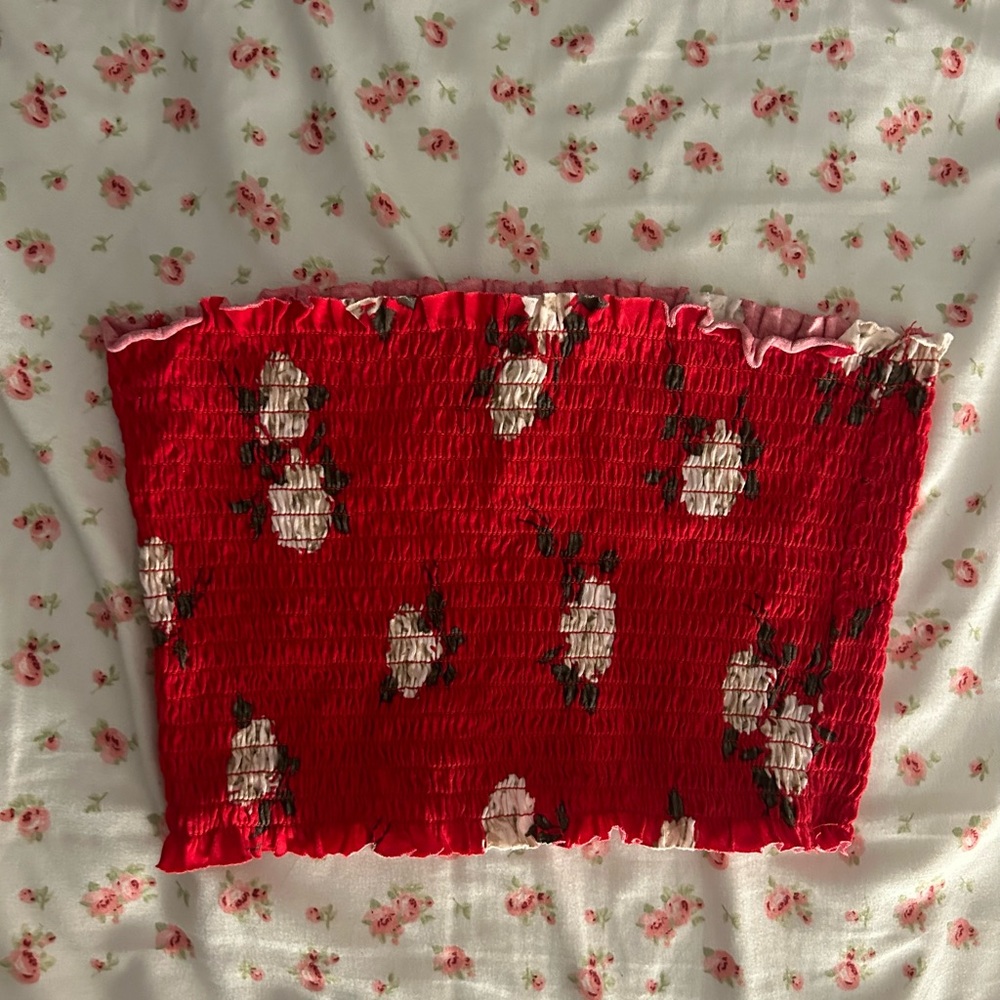 Red Floral Smocked Tube Top